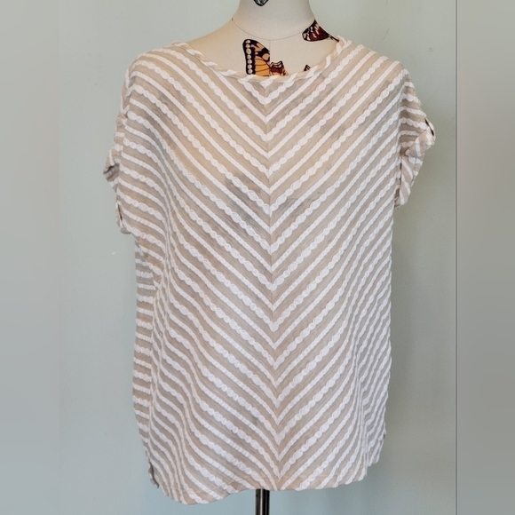𝅺emma JAMES tan and white striped short sleeve top size Large - Picture 1 of 7